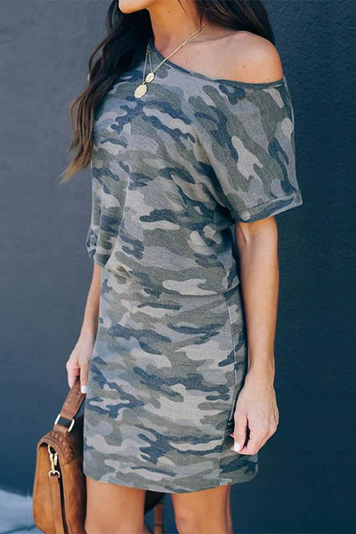 Oblique Collar Short Sleeve Camouflage Mini Dress