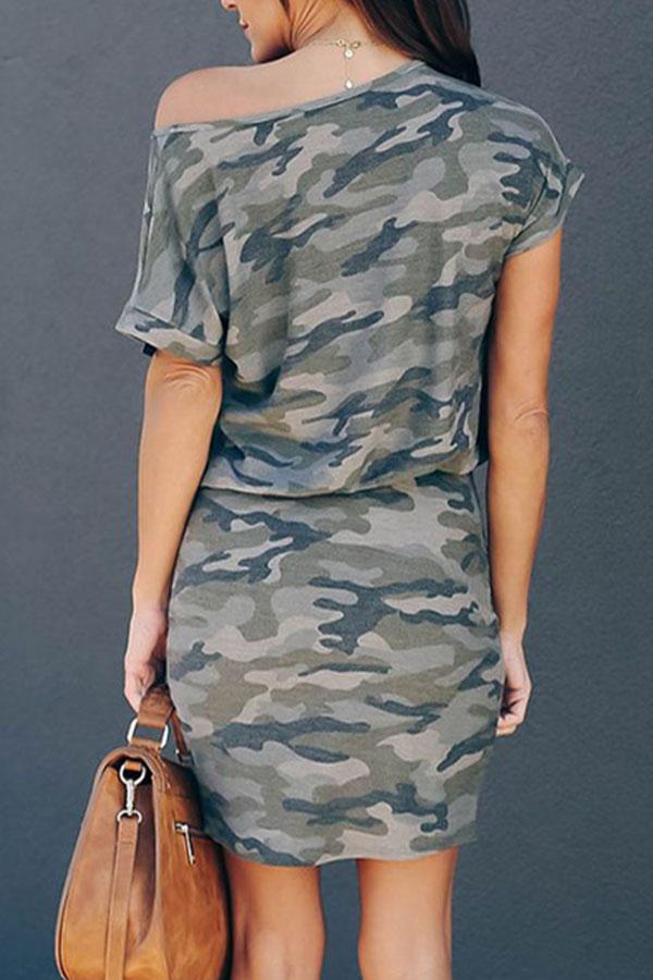 Oblique Collar Short Sleeve Camouflage Mini Dress