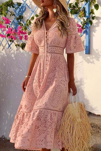 V-neck Short Sleeve Single-breasted Lace Maxi Dress (2 Colors)
