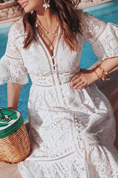 V-neck Short Sleeve Single-breasted Lace Maxi Dress (2 Colors)