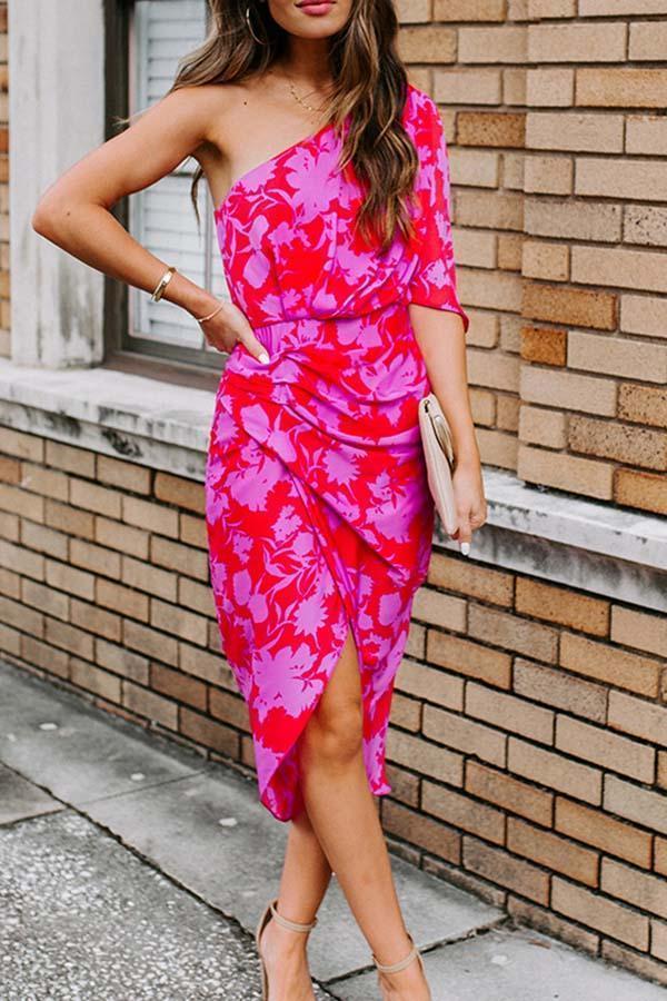 Floral One Shoulder Batwing Sleeve Midi Dress