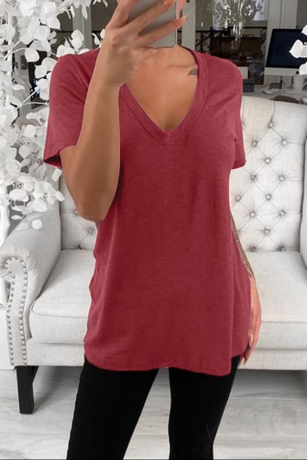 Solid Color V-neck Short Sleeve T-shirt