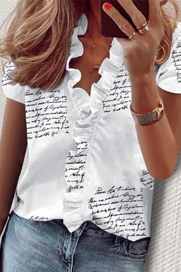 Casual Ruffled V-neck T-shirt