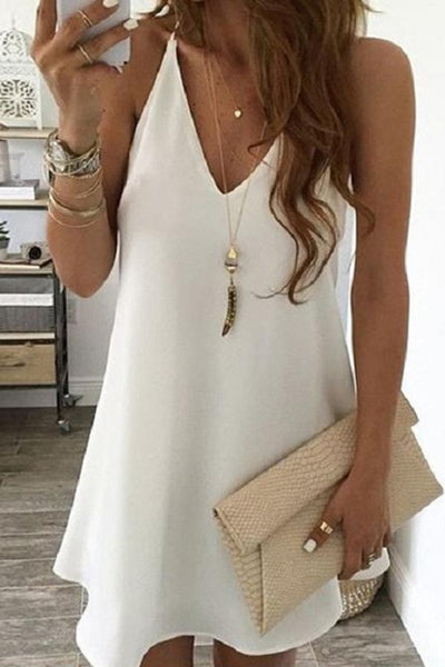 Basic Solid Color Sleeveless V-neck Mini Dress