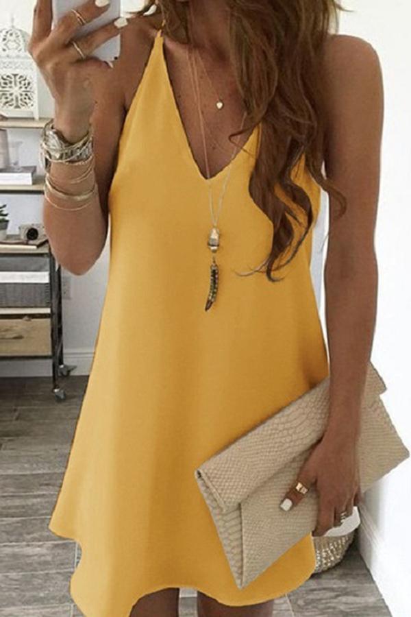 Basic Solid Color Sleeveless V-neck Mini Dress