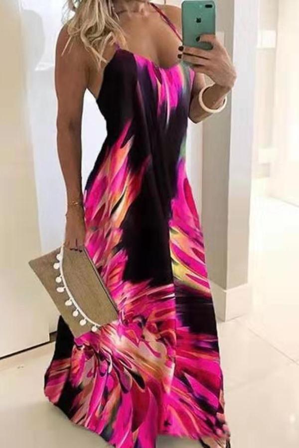 Elegant Abstract Printed Sling Maxi Dress (3 Colors)