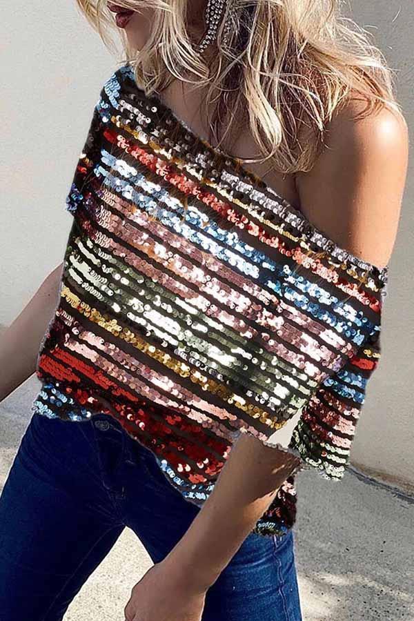 Short Sleeve Off Shoulder Sequin Blouse