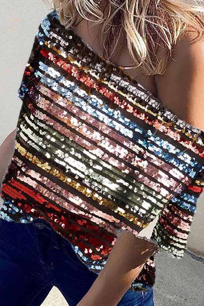 Short Sleeve Off Shoulder Sequin Blouse