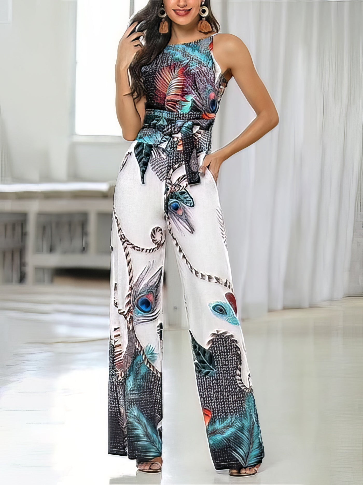 Jumpsuit mit Feder-Print