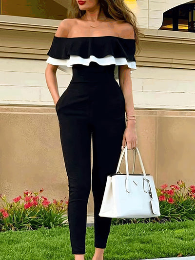 Off Shoulder Slim Fit Short Sleeve Ruffle Jumpsuit