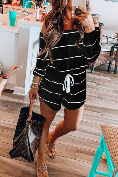 Off Shoulder Striped Printed Drawstring Romper