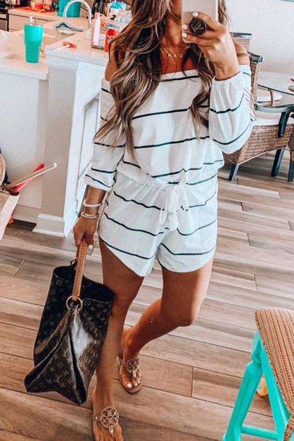 Off Shoulder Striped Printed Drawstring Romper