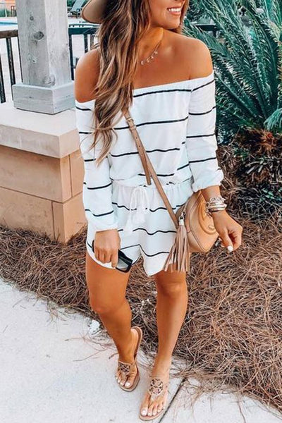 Off Shoulder Striped Printed Drawstring Romper