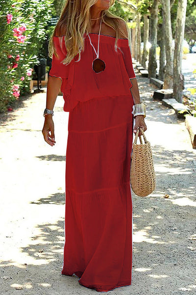 Lässiges, schulterfreies, einfarbiges Maxi-Strandkleid