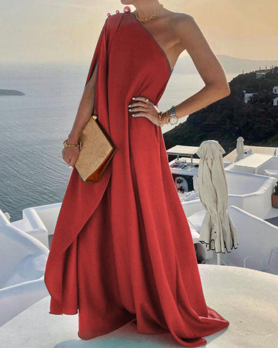 Solid Color Loose One Shoulder Long Dress