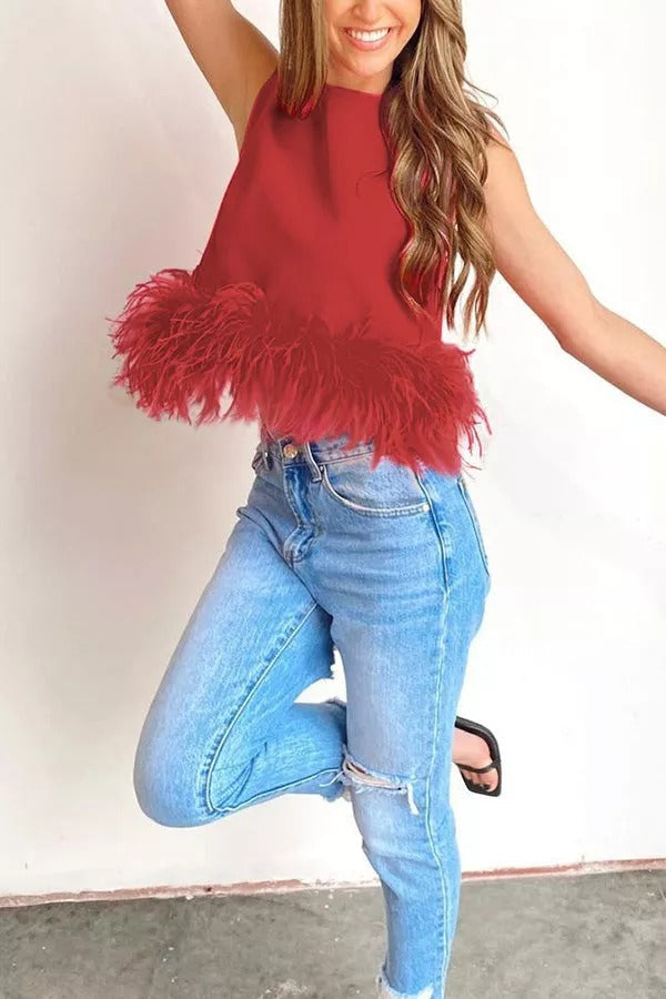 Eternally Glitzy Feather Trim Crop Tank Top