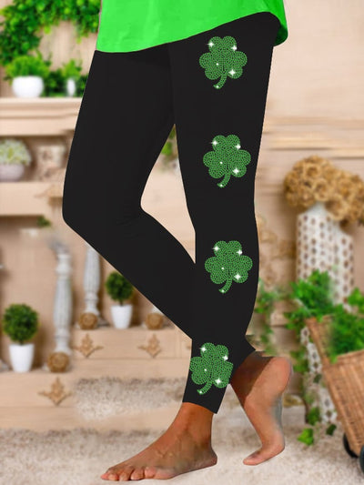 Glänzende Leggings mit Glücksklee-Print für Damen 