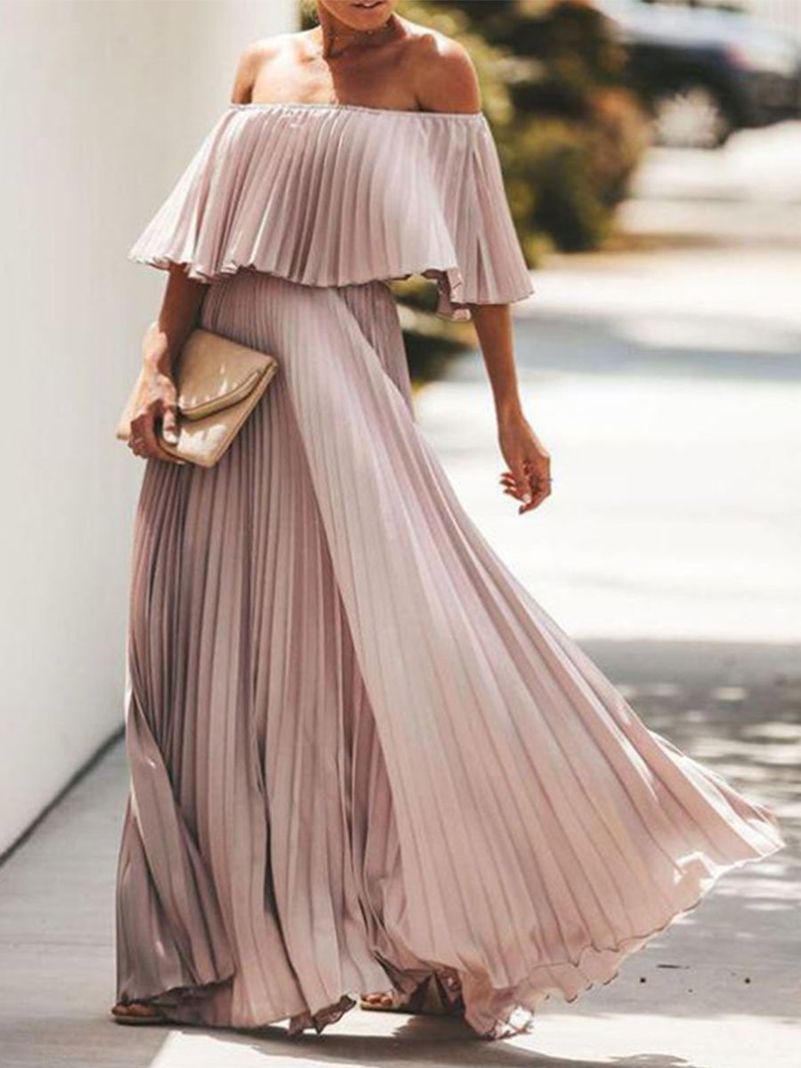 Ruffled Peated Chiffon Maxi Dress