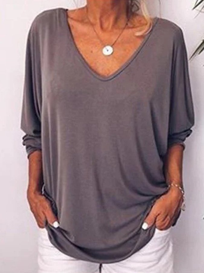 Women's Casual Pure Color Deep V-Neck Long Sleeve T-Shirt