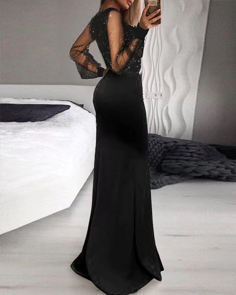 Robe longue sexy en maille à sequins 