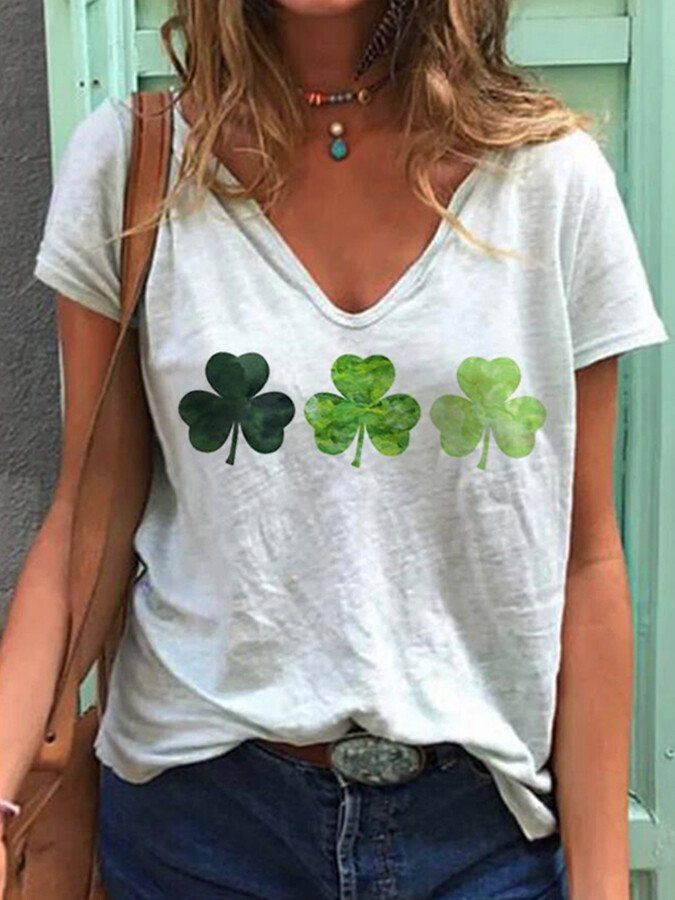 T-Shirt mit V-Ausschnitt und Kleeblatt-Aufdruck für Damen zum St. Patrick's Day 