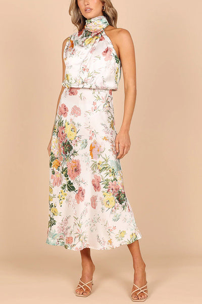 Temperament hanging neck printed satin dress