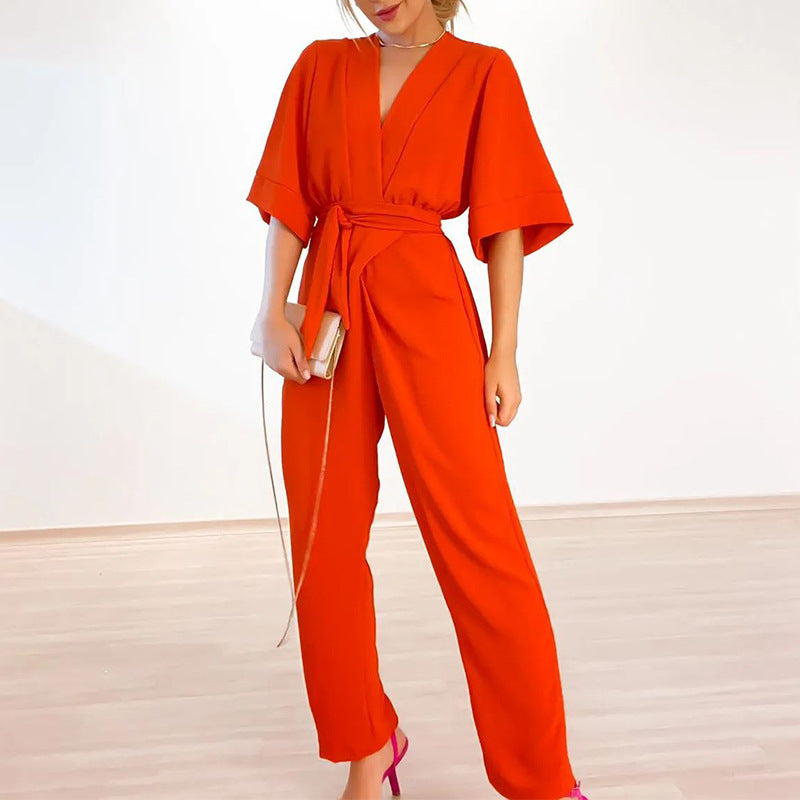 Loose V Neck Short Sleeve Tether Jumpsuit