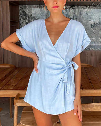 Casual Cotton Linen V Neck Tie Jumpsuit Shorts