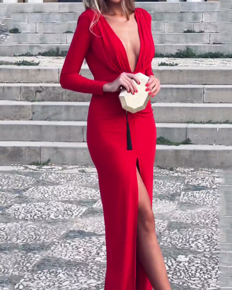 Fashion Sexy V-Neck Long-Sleeve Slit Solid Color Dress