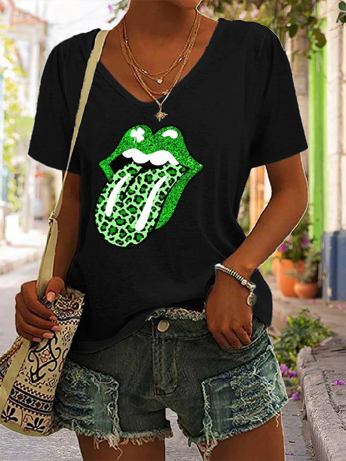 Women's St Patrick's Day Dripping Lips Shamrock Lips Printed Casual V-Neck Tee