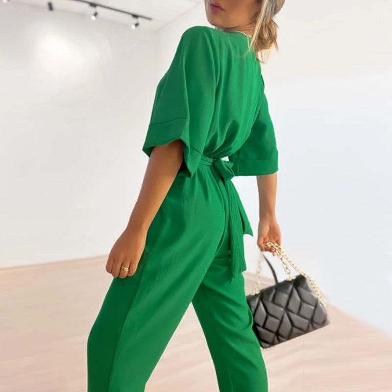 Loose V Neck Short Sleeve Tether Jumpsuit