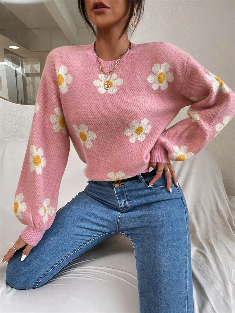 Haut pour femme en tricot jacquard à col rond et motif floral