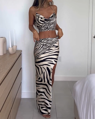 Halter Chain Top Skirt Zebra Print Two-Piece Set