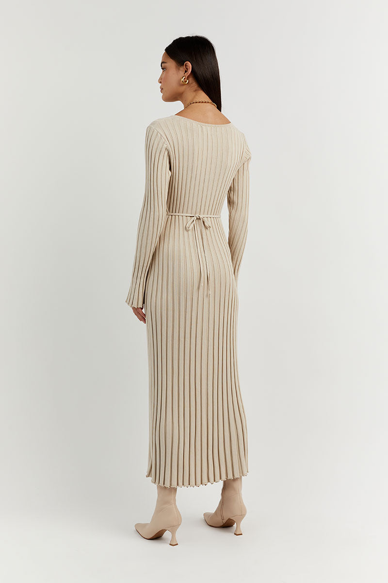 Robe midi en tricot à manches et col en V 