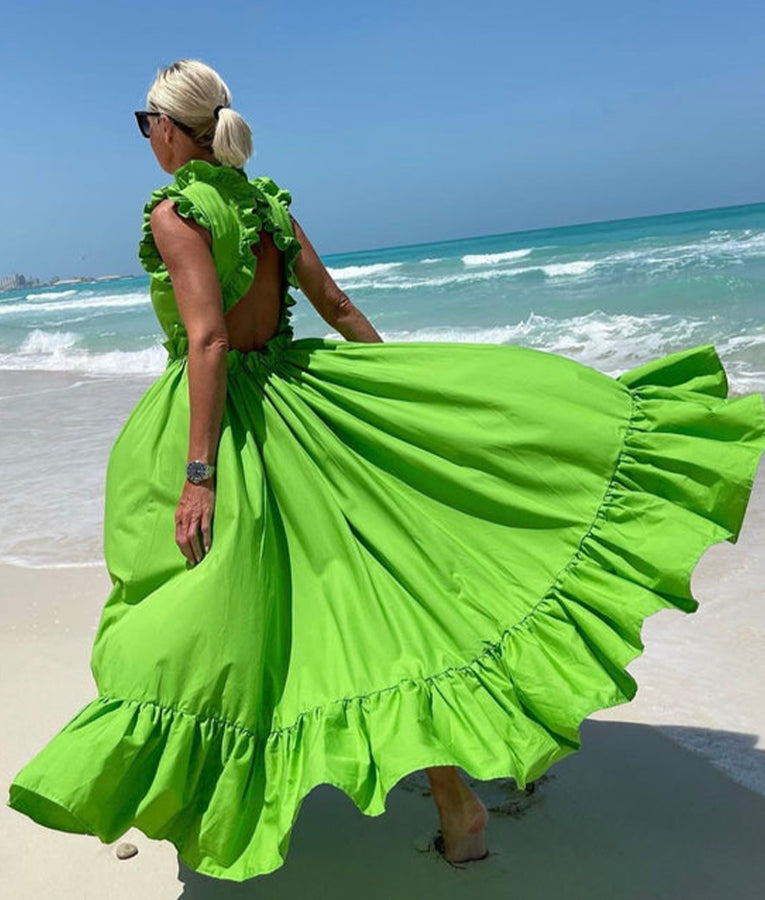 Flouncing & Backless Maxi Dress In Pistachio