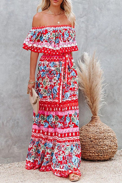 Ruffle Off Shoulder Tie Waist Printed Maxi Dress