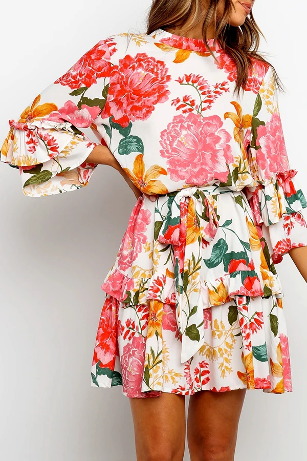 Floral Print Tiered Sleeve Pleated Mini Dress