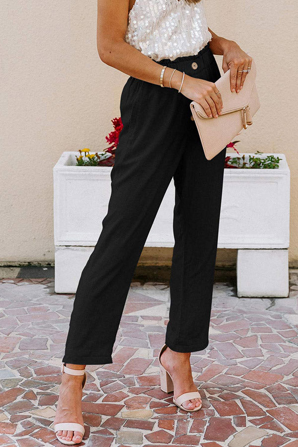 Womens Casual Loose Pants Comfy Cropped Work Pants with Pockets Elastic High Waist Paper Bag Pants