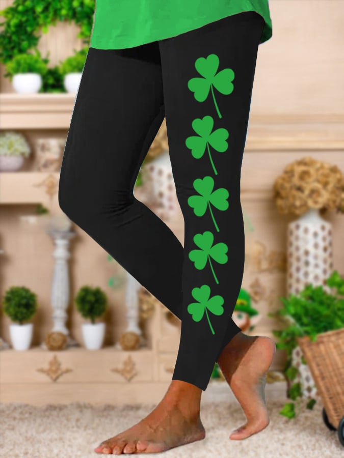 Women's St. Patrick's Day Glitter Lucky Shamrock Print Stretch Leggings