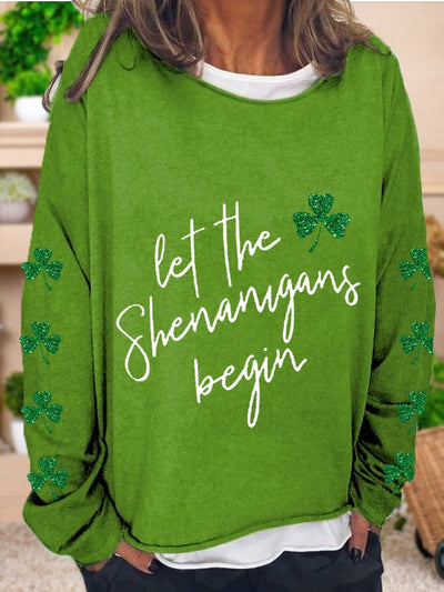 Women's St. Patrick's Day Lucky Glitter Shamrocks Casual Long-Sleeve T-Shirt