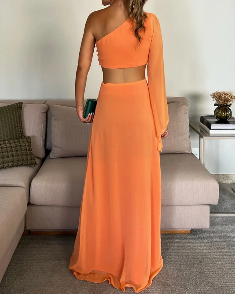 One Shoulder Chiffon Sexy Waist Maxi Dress