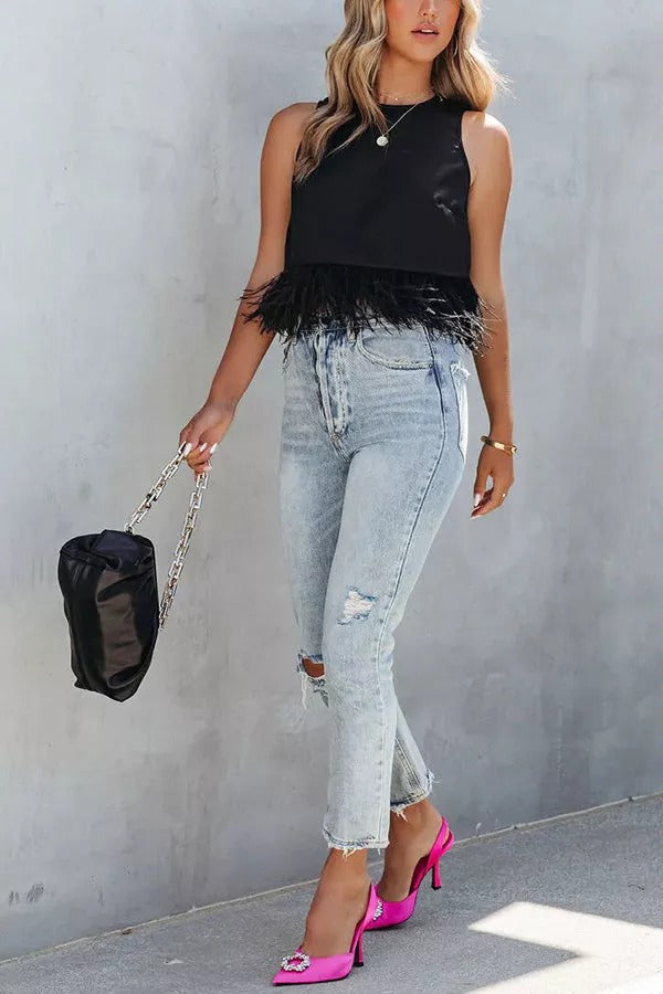 Eternally Glitzy Feather Trim Crop Tank Top