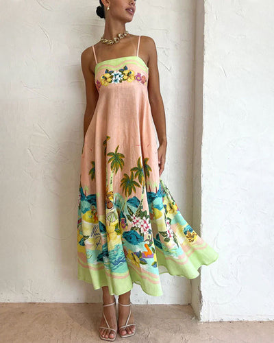 Sommerkleid mit hoher Taille und Sling-Print, lässiges Urlaubskleid 