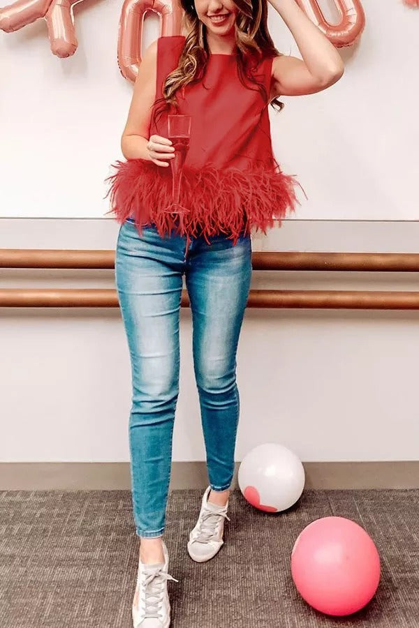 Eternally Glitzy Feather Trim Crop Tank Top