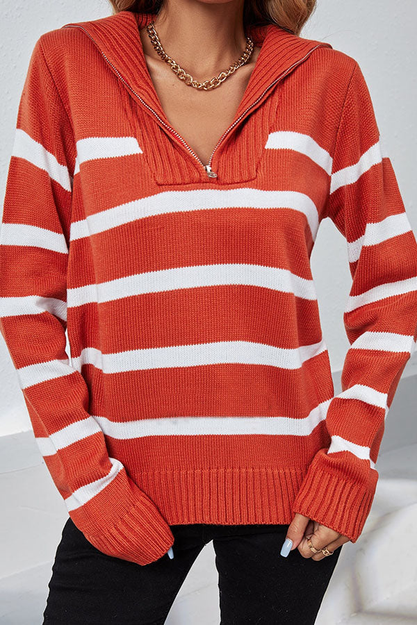 Women's Sweaters Lapel Zip Stripe Long Sleeve Knit Sweater