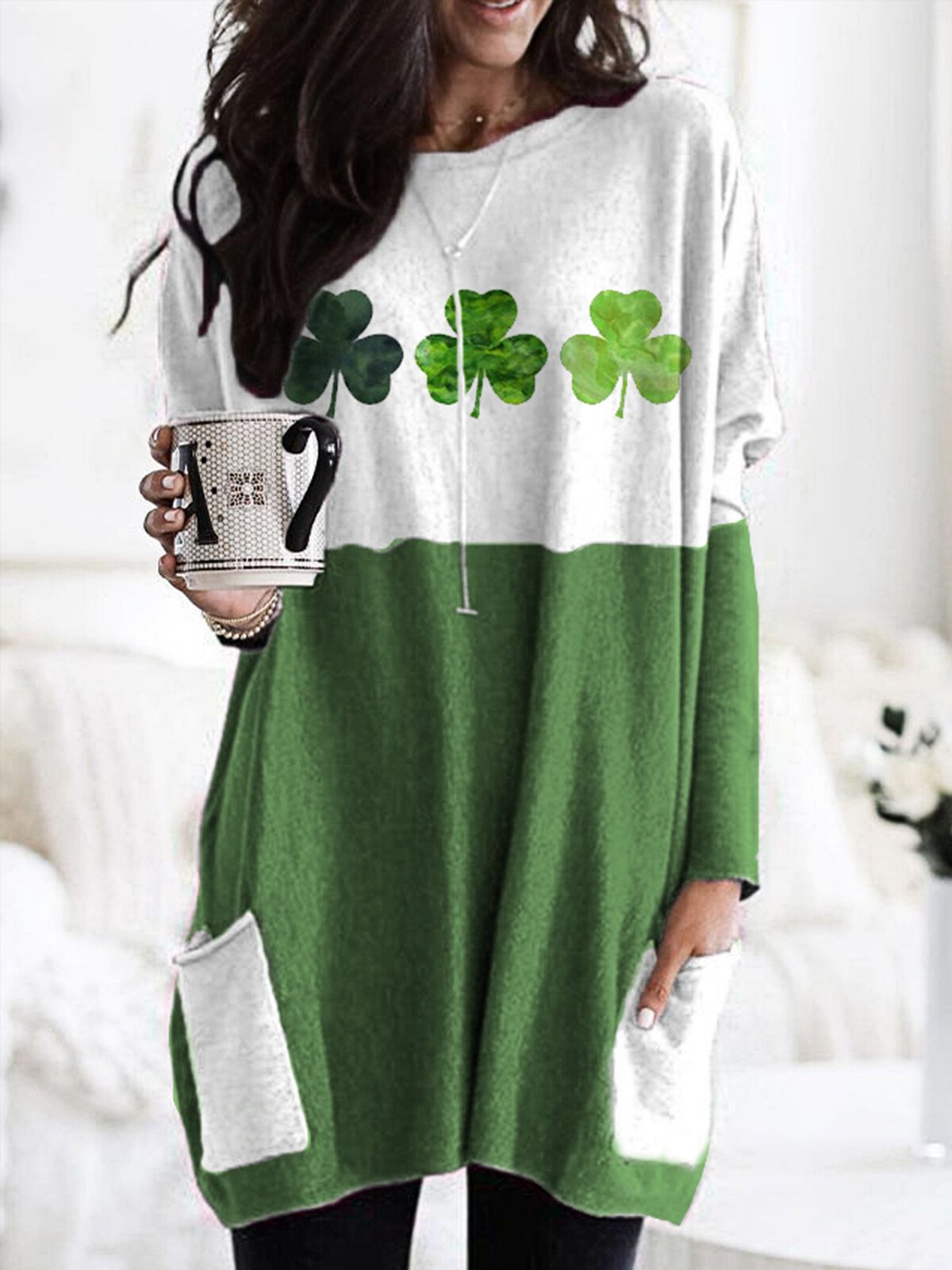 Lässiges Langarm-T-Shirt für Damen mit Glücksklee-Aufdruck zum St. Patrick's Day 