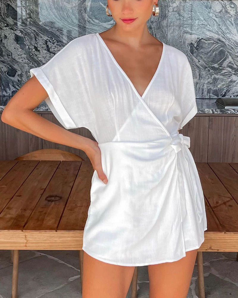 Casual Cotton Linen V Neck Tie Jumpsuit Shorts