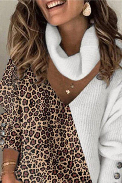 Leopard Print Color Matching Elegant Hollow V High Neck Loose Knit Sweater