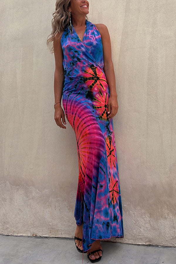 Krista Tie-dye Print Halter Backless Stretch Maxi Dress