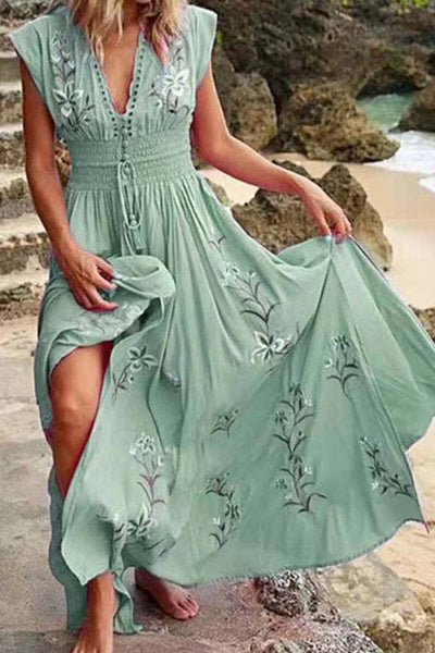 Robe longue fleurie à col en V et pompon style Boho